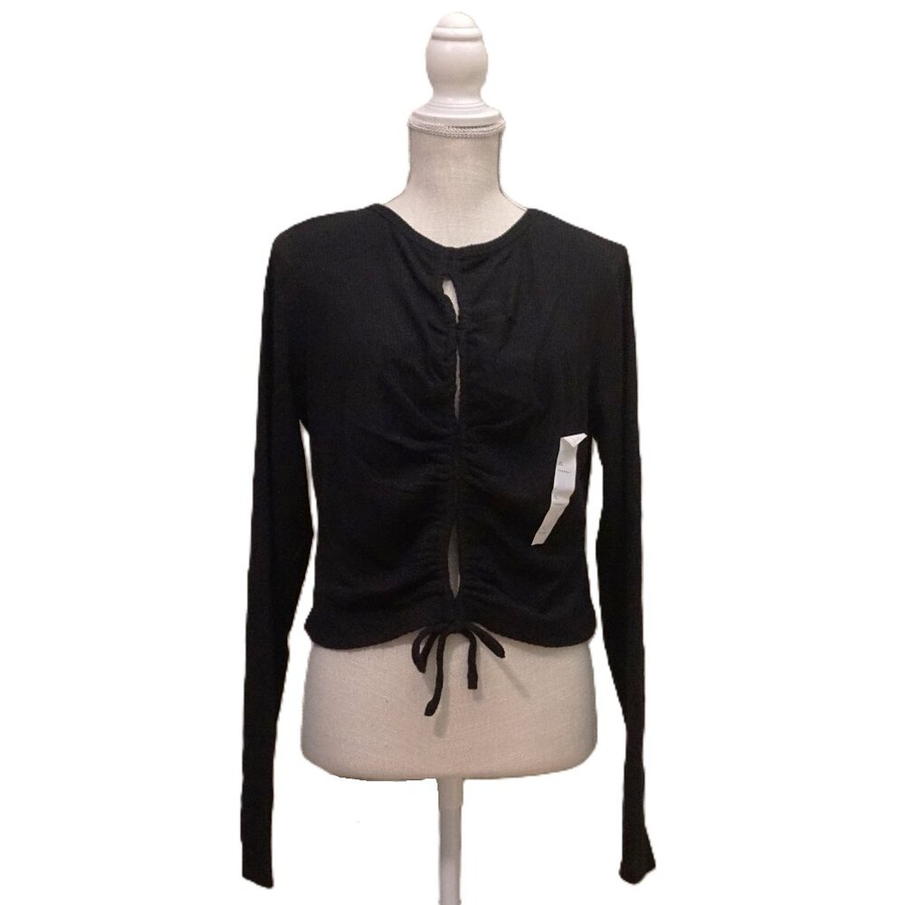Wild Fable Black Ribbed Long Sleeve Crop Top Tie Keyholes Down Front Women’s XL